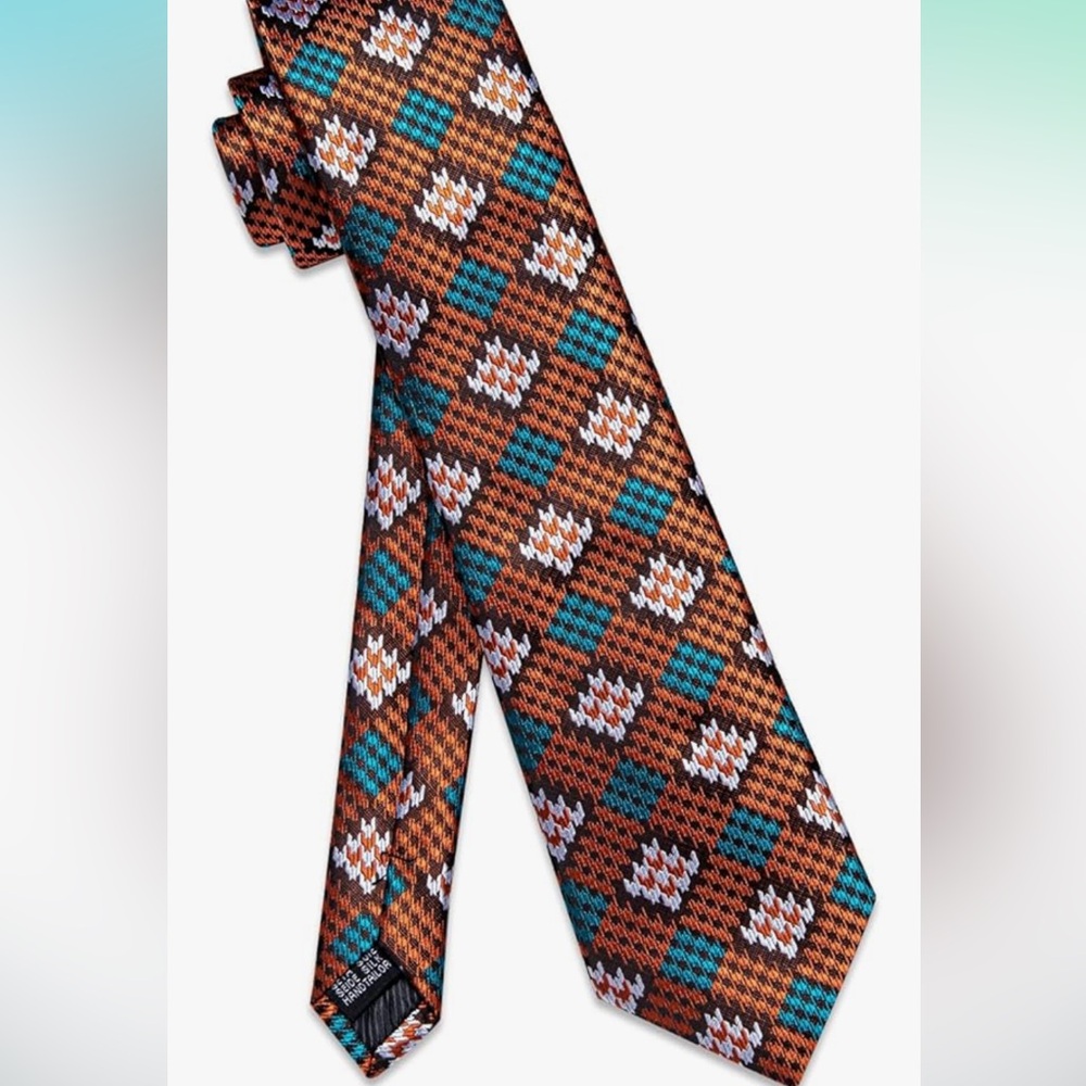 SILK TIE SET: MENS 5pc Orange Plaid Tie, Pocket Square, Cufflinks, Lapel Pin NWT - Picture 6 of 6